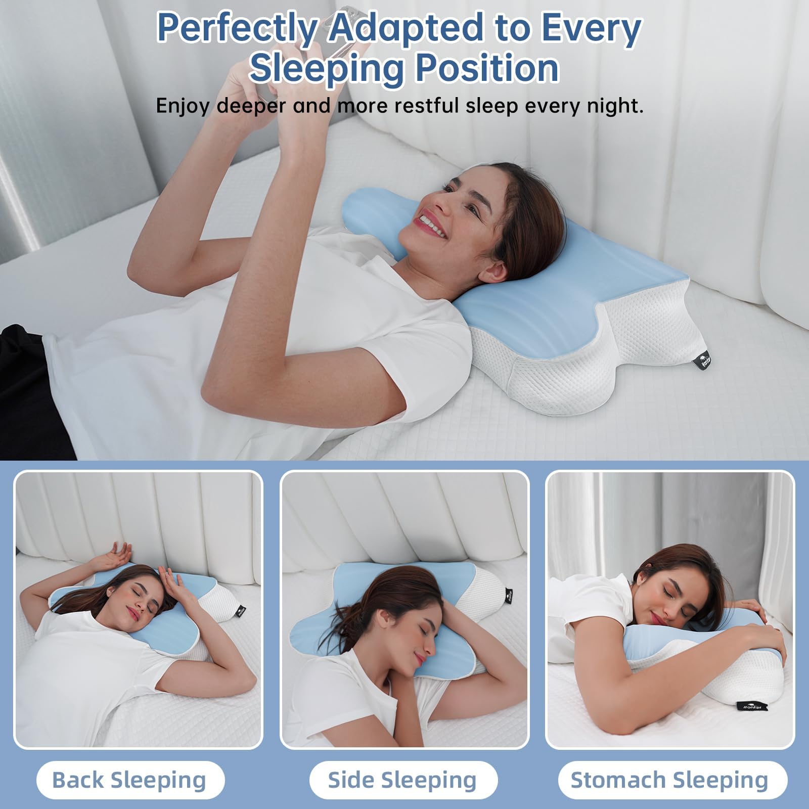 Almohadas Cervicales para Dormir, Almohada Ortopédica de Memoria de Forma con Diseño Mariposa, Cojín Ergonómico para Dormir de Lado, Espalda y Boca Abajo, 62 x 42 x 10,5 cm, Azul