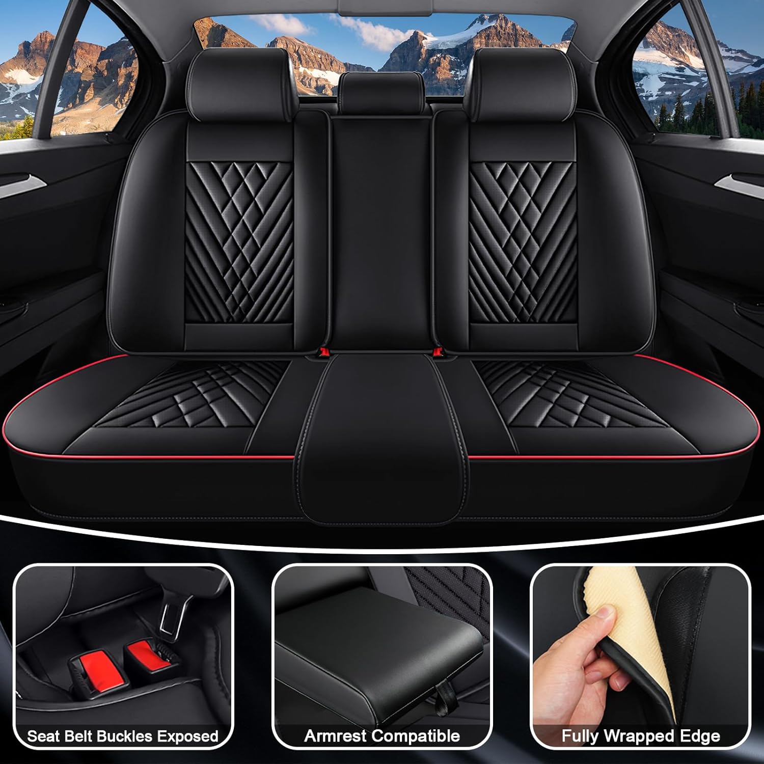Car Seat Covers for Mercedes-Benz 2000-2026, Waterproof Nappa Leather Car Seat Protector, Comfortable and Anti-Slip Car Seat Cover&Accessories(5 Seats/Black Red)
