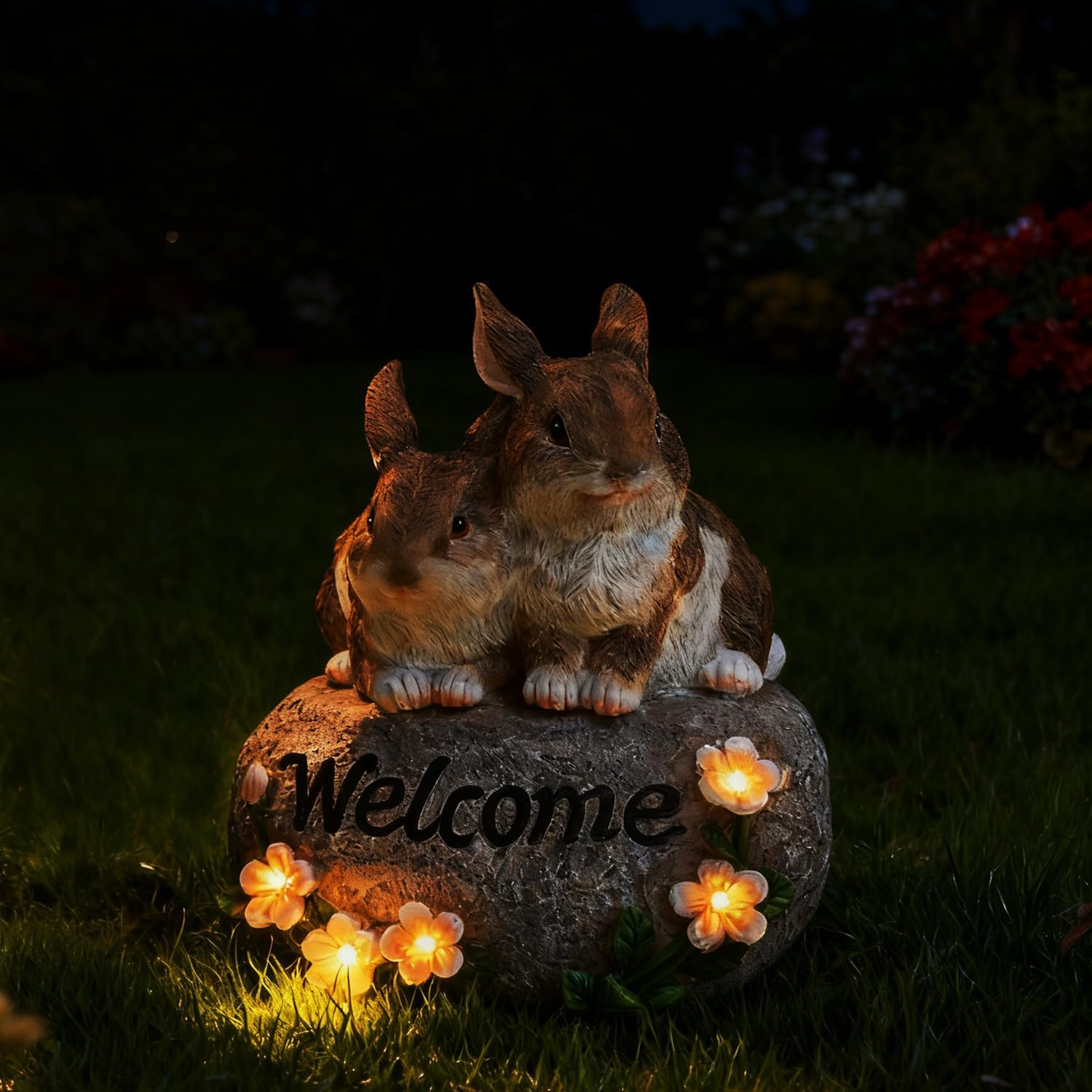 Solar Rabbit Garden Decor Outdoor Bunny Statue Welcome Sign Cute Resin Bunny Figurines for Yard Lawn Ornament Patio Porch Backyard Waterproof Decorative Gift for Women Bunny Lovers