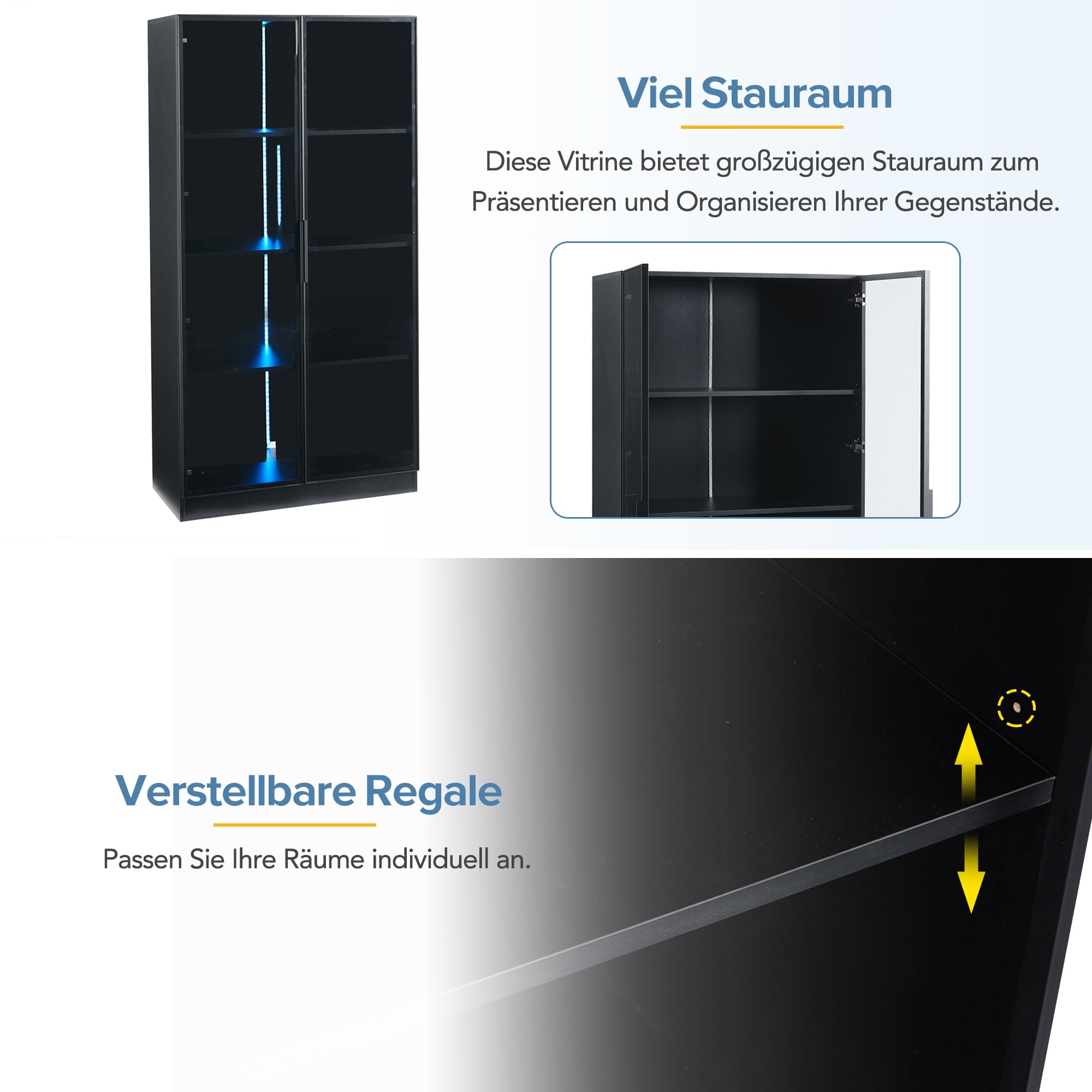 Glasvitrine mit APP LED Beleuchtung 80x40x160cm | Doppeltürige Standvitrine Schwarz | Wohnzimmer Vitrinenschrank | Verstellbare Böden | Smart Home Deko (Black-B)