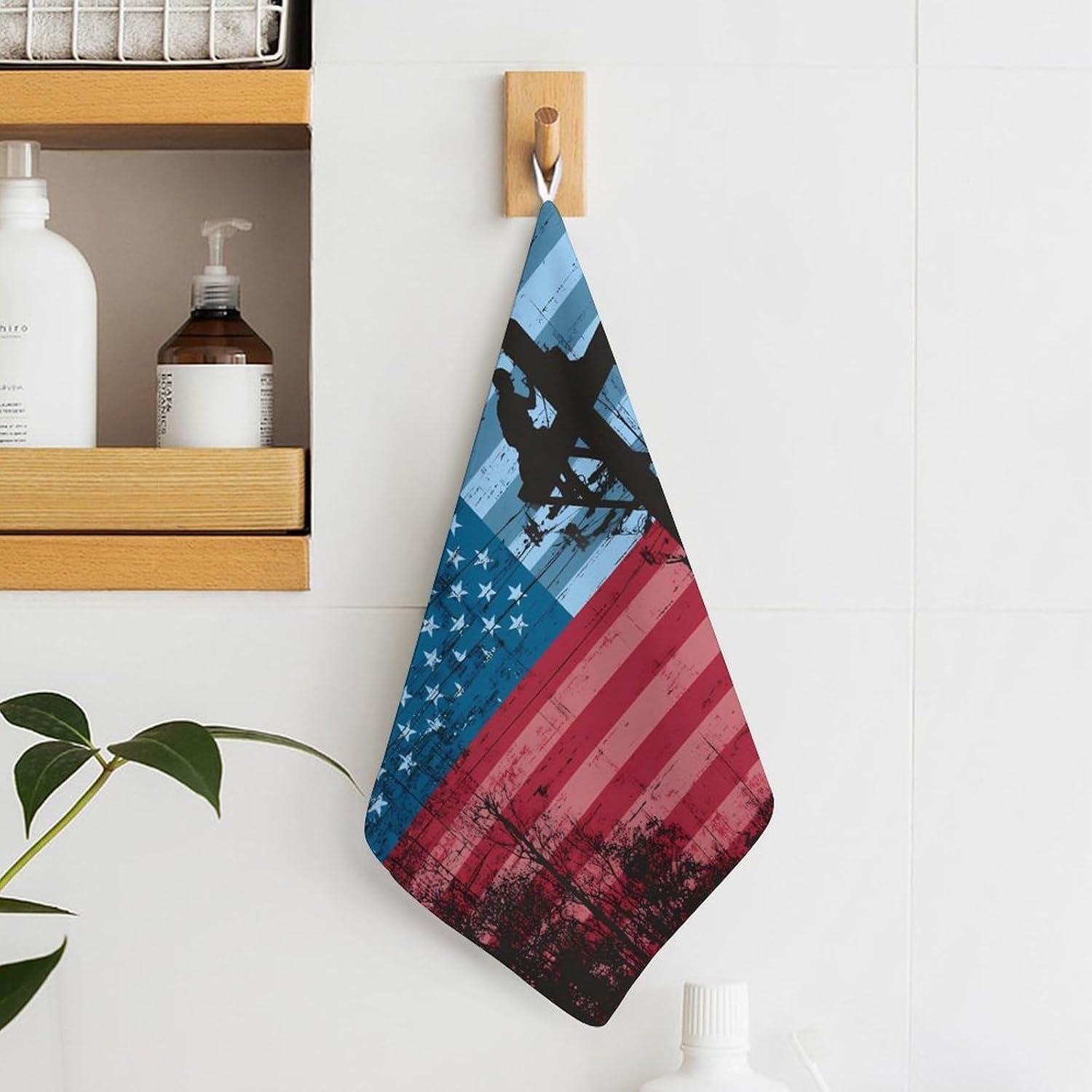 Lineman US Flag Microfiber Hand Towels for Bathroom Soft Absorbent Bath Kitchen Towel with Hanging Loop 4PCS