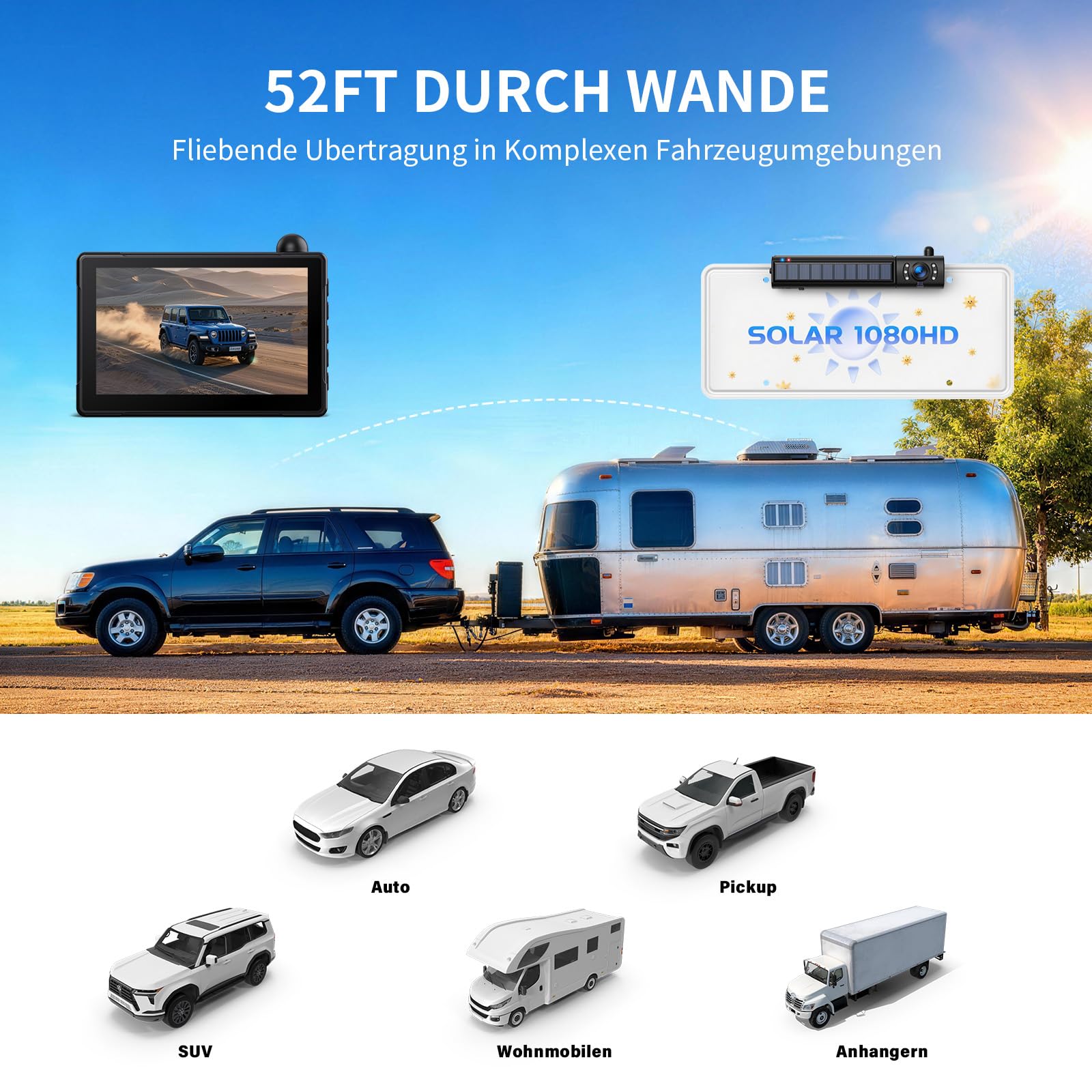eRapta Solar Rückfahrkamera Kabellos mit 5" 1080P Monitor