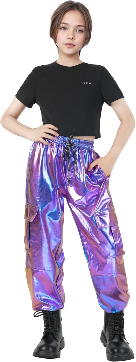 Nawgut Sequin Cargo Pants Metallic High Waisted Multi-Pocket Shiny Joggers Hip Hop Dance Pants for Girls