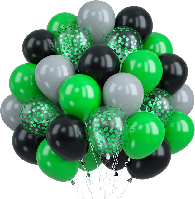 Dark Green Balloons Set, 30pcs Green Black Birthday Balloons, Green Confetti Balloons Grey Latex Balloons for Helium Party Balloons for Boys Kids Video Game Football Theme Party Baby Shower Supplies