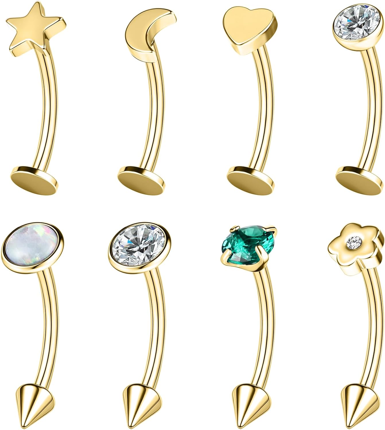ZS 8Pcs 16G Eyebrow Piercing Jewelry Spike Eyebrow Ring, Stainless Steel Curved Barbell Flat Back Lip Stud Daith Rook Piercing for Women Men 8mm 10mm
