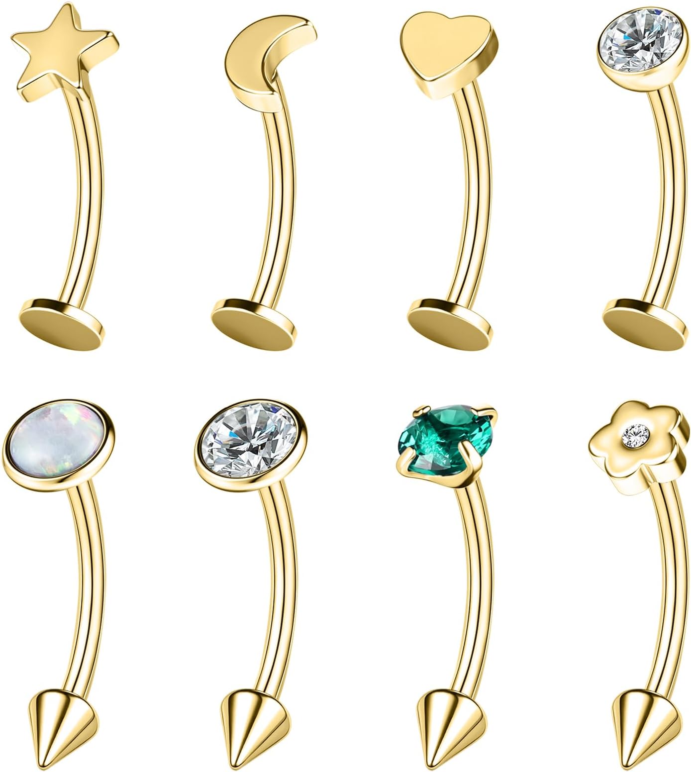 8Pcs 16G Eyebrow Piercing Jewelry Spike Eyebrow Ring, Stainless Steel Curved Barbell Flat Back Lip Stud Daith Rook Piercing for Women Men 8mm 10mm