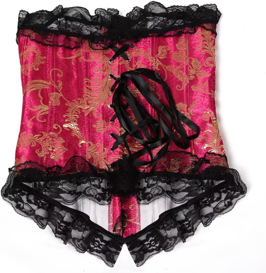 Jutrisujo Corsets for Women Overbust Lingerie Satin Floral Lace up Trim Bustier Plus Size Top