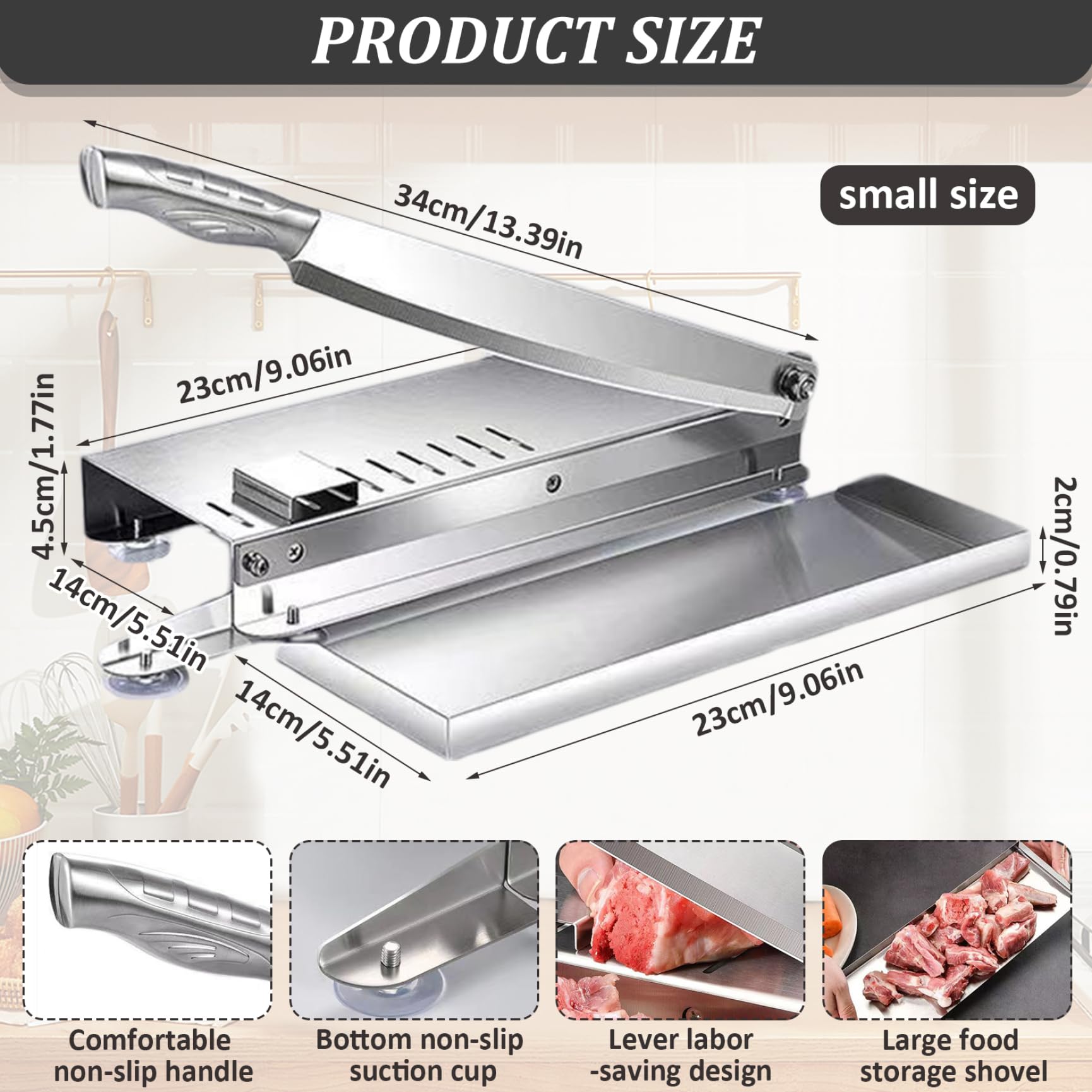 Affettatrice manuale acciaio inox, bilancia e vassoio per alimenti, taglia carne, manico antiscivolo e ventosa, cucina