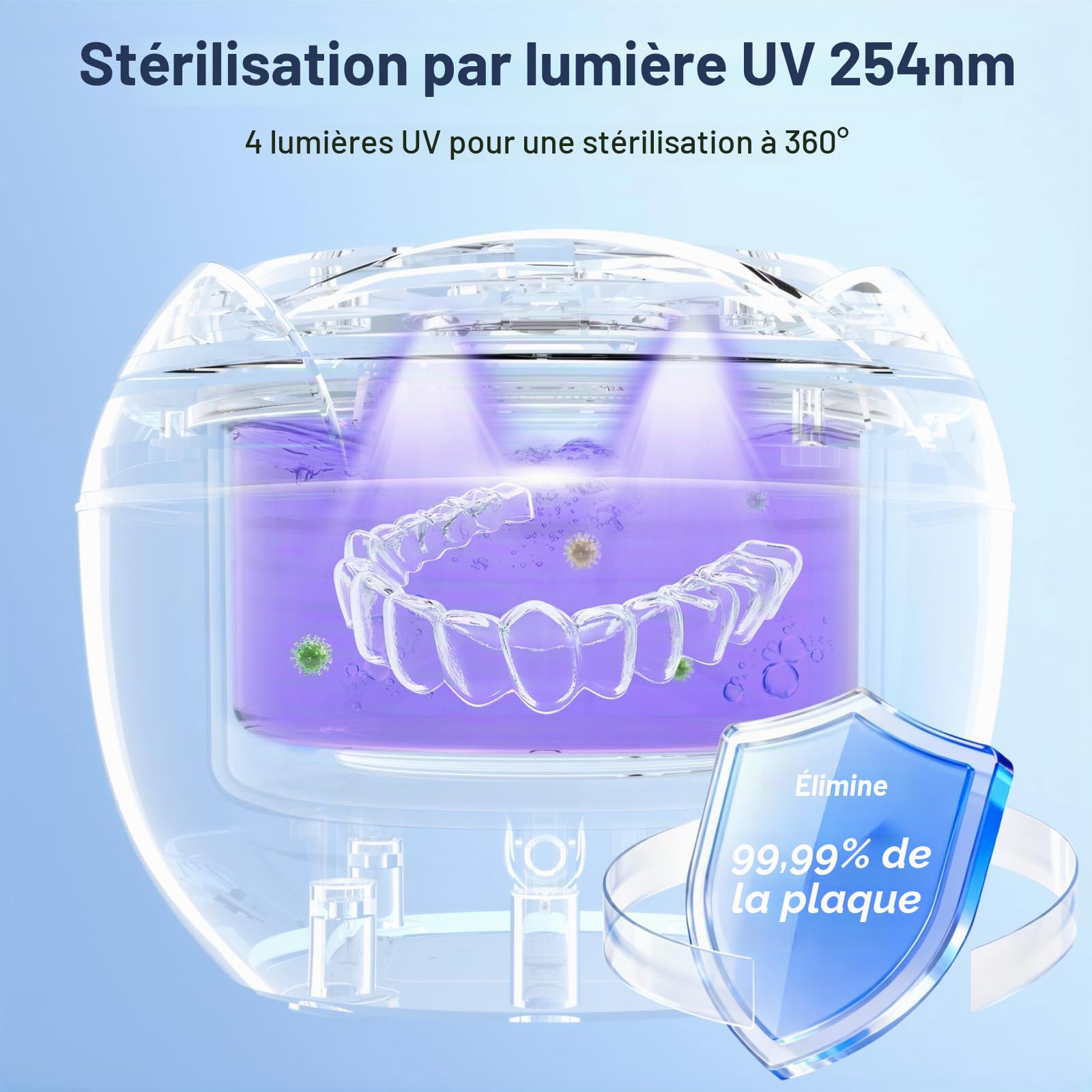 Nettoyeur Ultrasons 45000Hz Gouttière Dentaire 4 Lampes UV 200ml 4 Modes Nettoyage Prothèses Dentaires Bijoux Noir