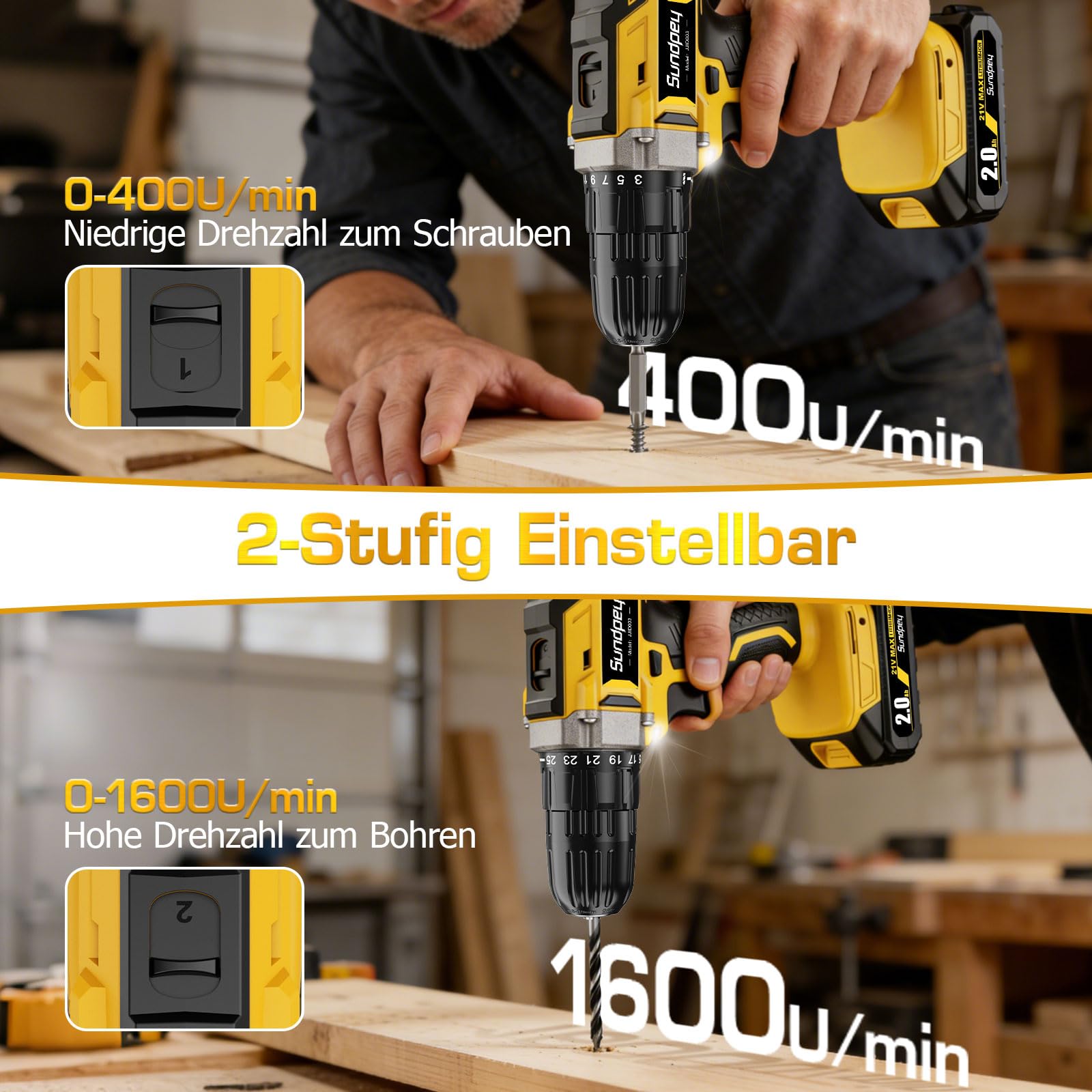 Destornillador inalámbrico con batería de 2000 mAh, 21 V, 45 Nm, taladro inalámbrico con 2 marchas, 25 + 1 niveles de par de giro, portabrocas de 10 mm, luz LED para reparación y bricolaje
