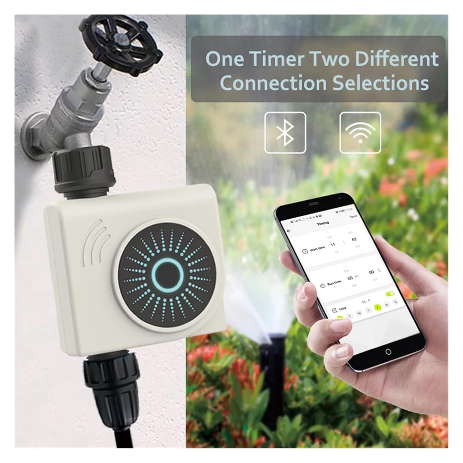 Water Timer connected to faucet with smartphone app control