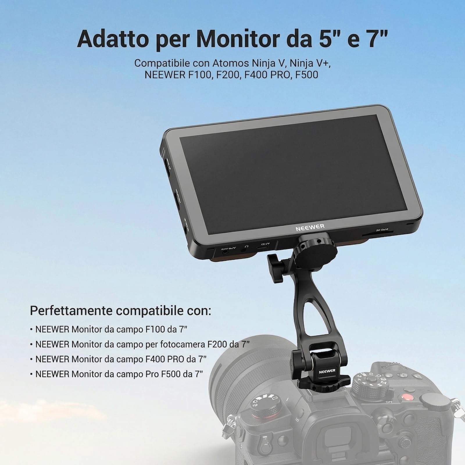 NEEWER Adattatore Monitor a 2 Assi, Supporto per Monitor da Campo 5"/7" con Cold Shoe, Vite Antitorsione 1/4", Rotazione 360° Inclinazione 180°, Accessori Fotocamera per Fotografia Videografia, MA023