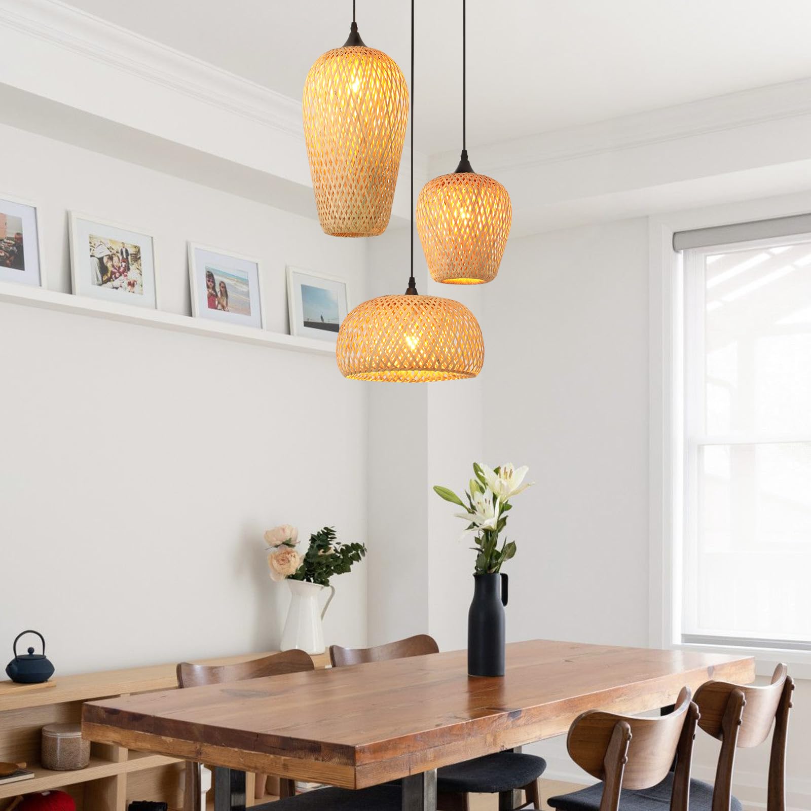 Lampenschirm HäNgelampe Bambus 3-Flammig,Boho Pendelleuchte Esstisch Handgewebt Laterne Vintage Lampe E27 Wohnzimmerlampe For KüChe Schlafzimmer