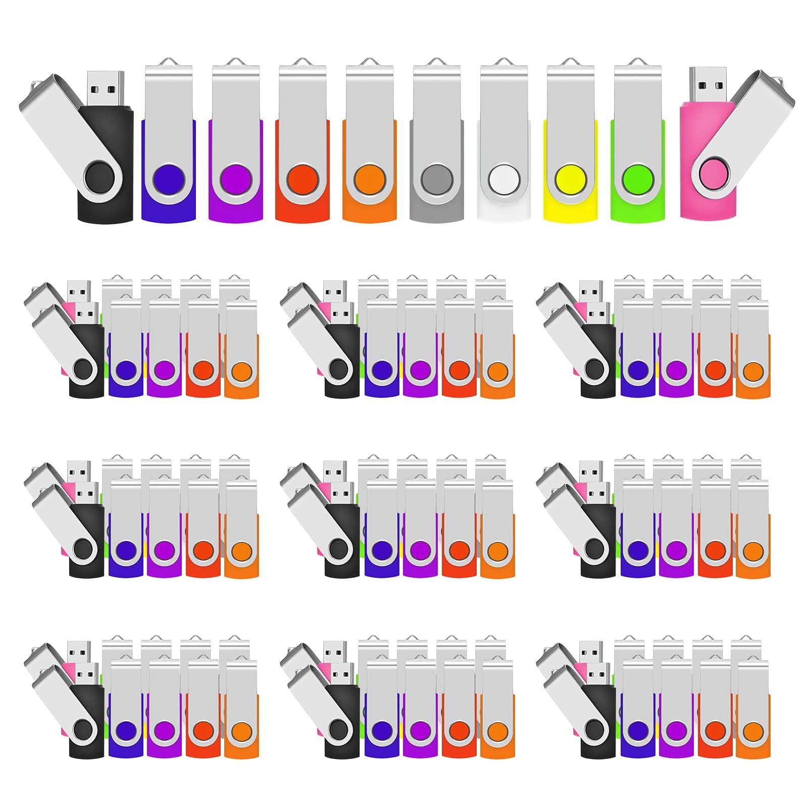 Lot de 100 Clé USB 2Go Cle USB 2.0 Flash Drive Cles USB Pivotant Mémoire Sticks U Disque pour PC Ordinateur Portable(10 Couleurs)(2GB*100PCS)