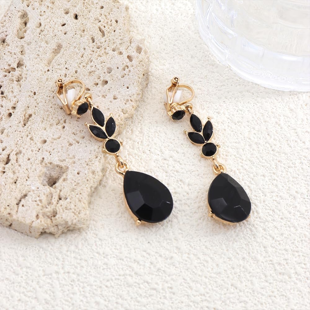 Black Rhinestone Dangle Ear Clip Earrings for Women, Sparkling Green Crystal Wedding Earrings for Bridal Bridesmaid Trendy Aesthetic Party Jewelry