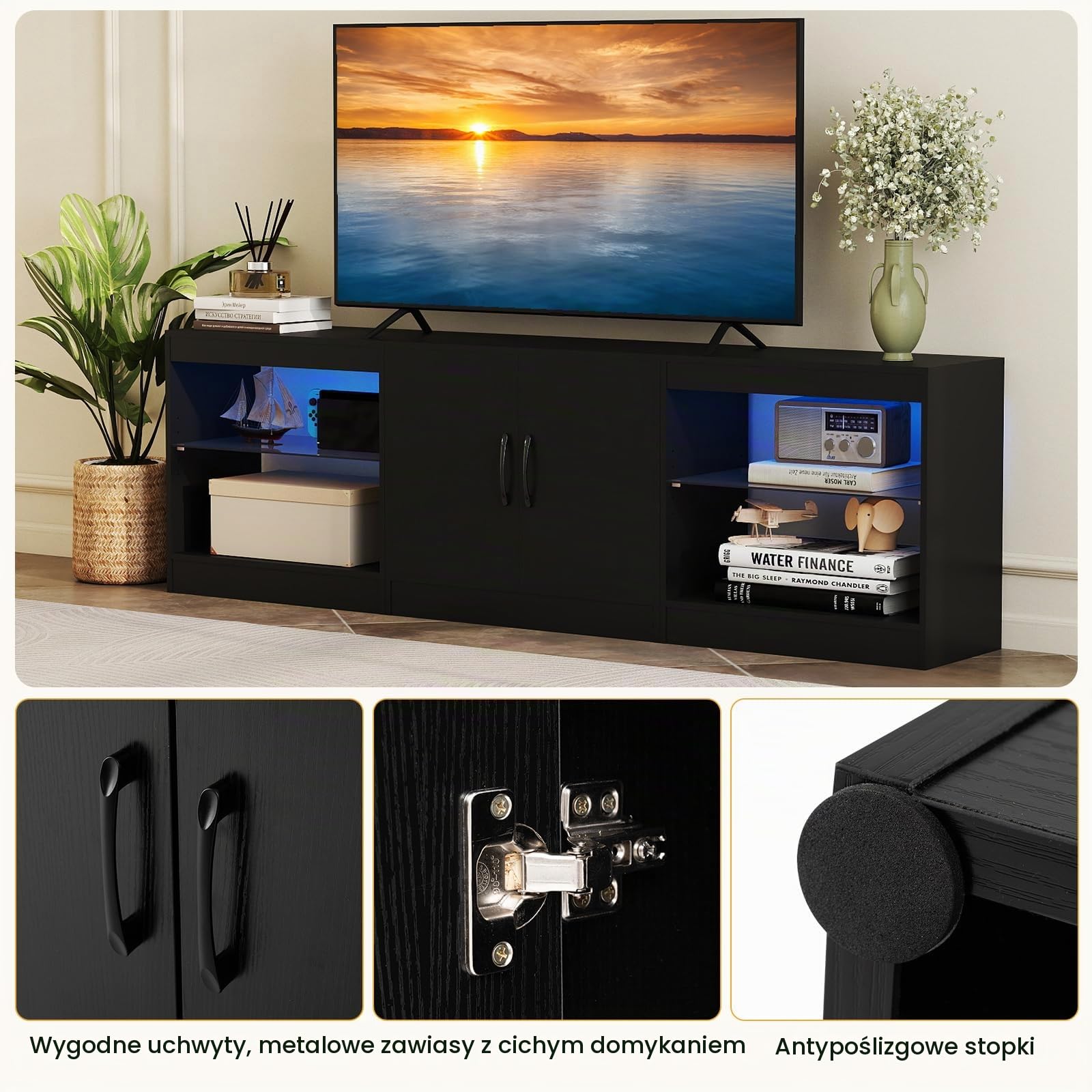 GIANTEX Szafka pod telewizor z możliwością dowolnego łączenia, modułowa szafka pod telewizor z oświetleniem LED, szafka pod telewizor z otwartymi półkami, stolik pod telewizor do 85 cali, komoda pod