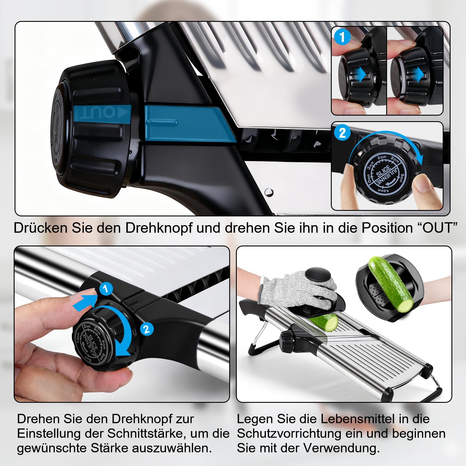 Masthome Verstellbar Edelstahl Gemüsehobel Mandoline, 5-in-1, Schwarz | Multifunktion Gemüseschneider Edelstahl mit Schnittfesten Handschuhen, Reibe für Gemüse für Obst und Gemüse