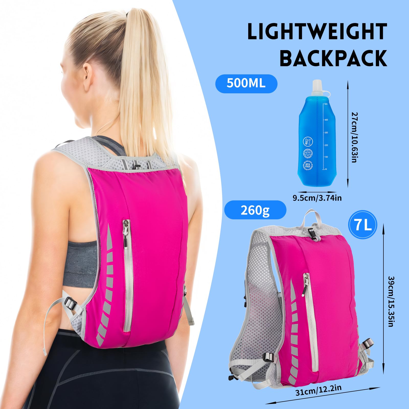 Expansea Zaino da Corsa 7L, Super Leggero Zaino Uomo & Donna, Tasche Multiple, Running Vest With Borraccia Morbida 500ml per Ciclismo, Maratona,Corsa, Arrampicata e Altri Sport All'Aria Aperta