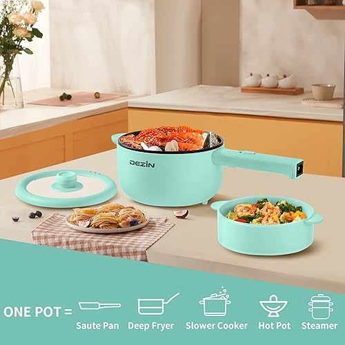 Miniatura 7 de Dezin Cocina eléctrica, sartén antiadherente de 2 L, olla rápida de fideos, mini olla para carne, huevo, arroz frito, ramen, avena, sopa con ajuste