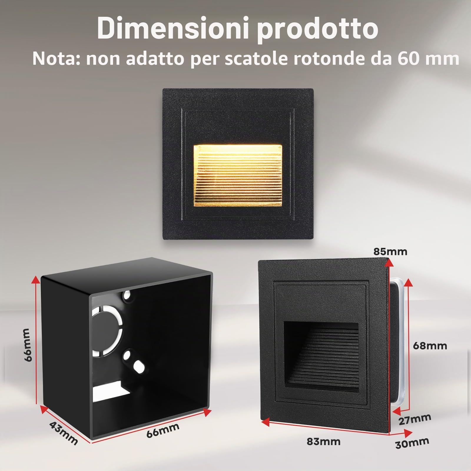 VivaLet Lampada LED Segnapasso da Incasso 8 Pezzi 3W 300LM, Luci Per Scale da Parete Per Esterni 230V 3000K, IP65 Scatola da Incasso 68 mm, 85 X 85 mm, Applique Alluminio Nero
