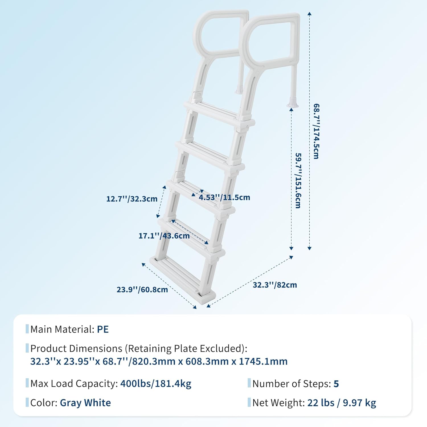 Swimming Pool Ladder, 5-Step Double Handrails Stair | Non-Slip Heavy Duty Steps, 400 lbs Weight Capacity for 48-54 in Inground & Above-Ground Pools, Sturdy PE Construction for Indoor & Outdoor Use