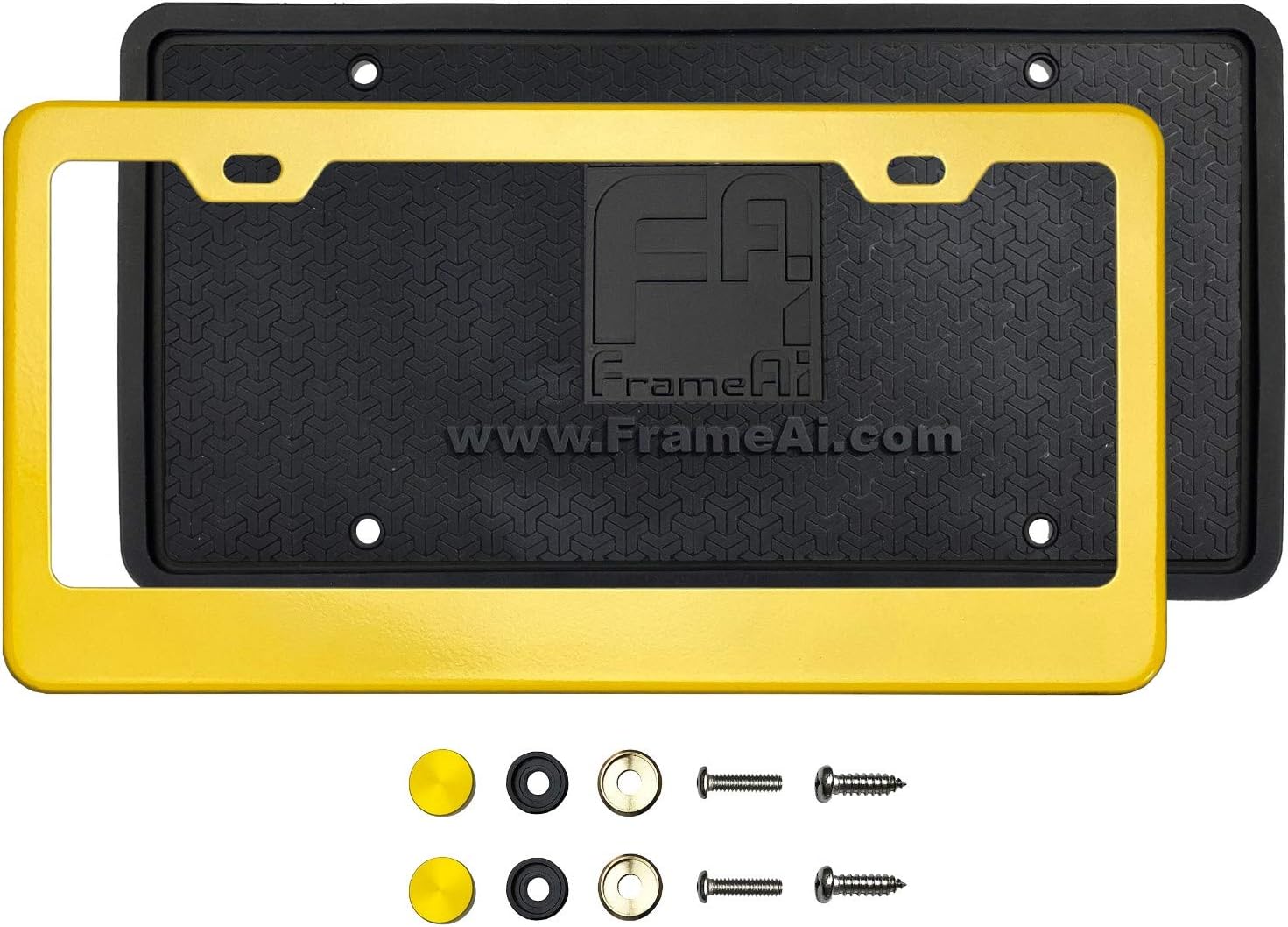 Silicone Back Guard License Plate Holder Solar Yellow License Plate Frame T304 Stainless Steel + Metal Screw Caps