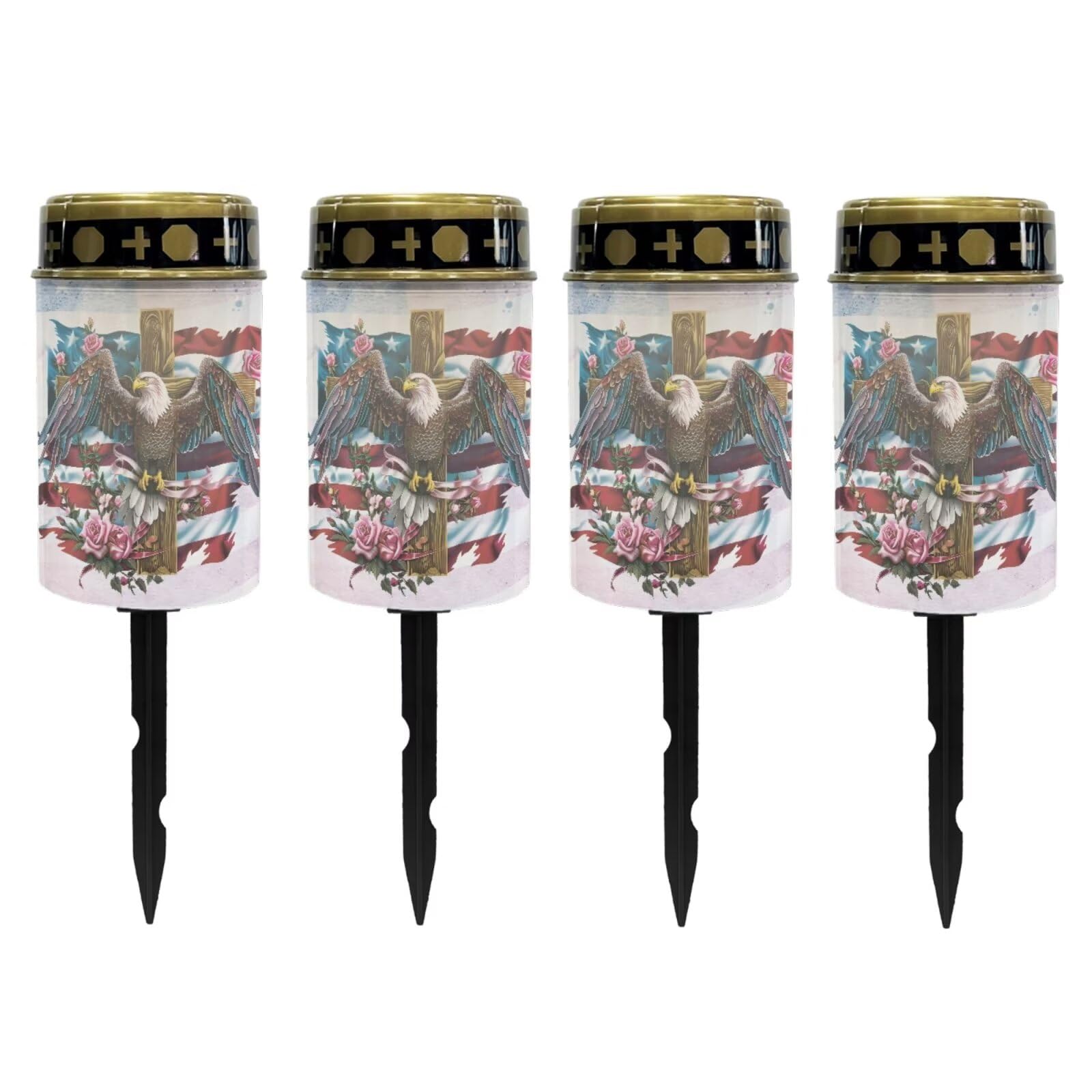 Poceacles Cross Outdoor Lights Solar Powered Flameless Candle Cemetery Votive Candles Waterproof Outdoor Memorial Candle Solar Stake Lights for Grave Cemetery, Eagle American Flag Cross, Pack of 4