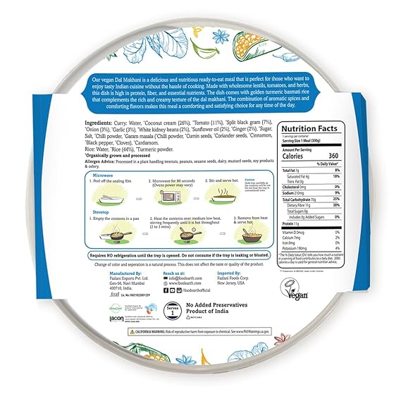 Food Earth Ready to Eat Indian Meal Bombay Lentil Curry with Turmeric Rice Organic, Vegan, Gluten-Free, GMO-Free, Plant-Based Microwavable 10.58 oz Each Pack of 6