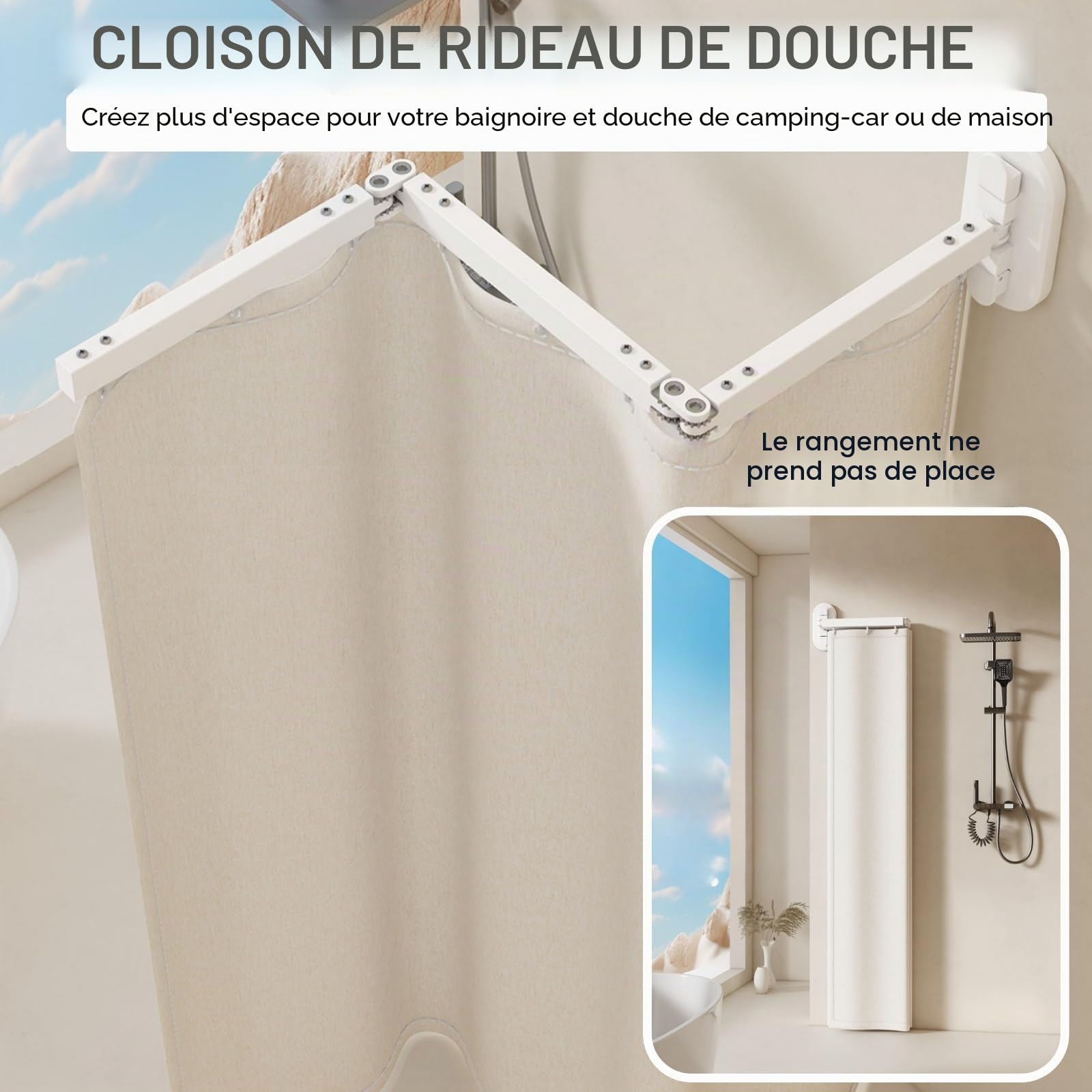 Tringle A Rideau De Douche Angle sans Percage, Tringle À Rideau De Douche Pliable avec Ventouses, Barre De Douche en L Rétractable pour Baignoire De Salle De Bain(Beige,102cm)