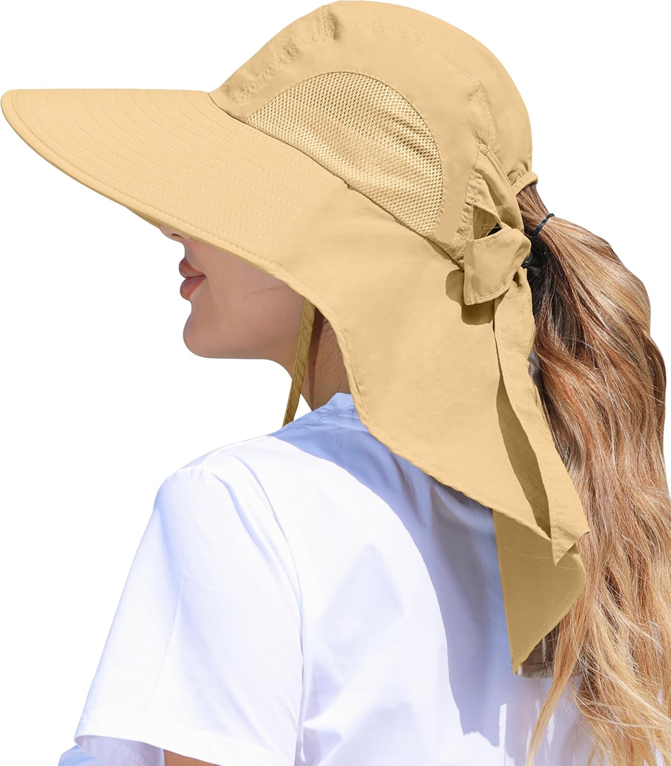 Womens Sun Hat Outdoor UV Protection Wide Brim Fishing Hat with Ponytail Hole Neck Flap for Beach Hiking Camping