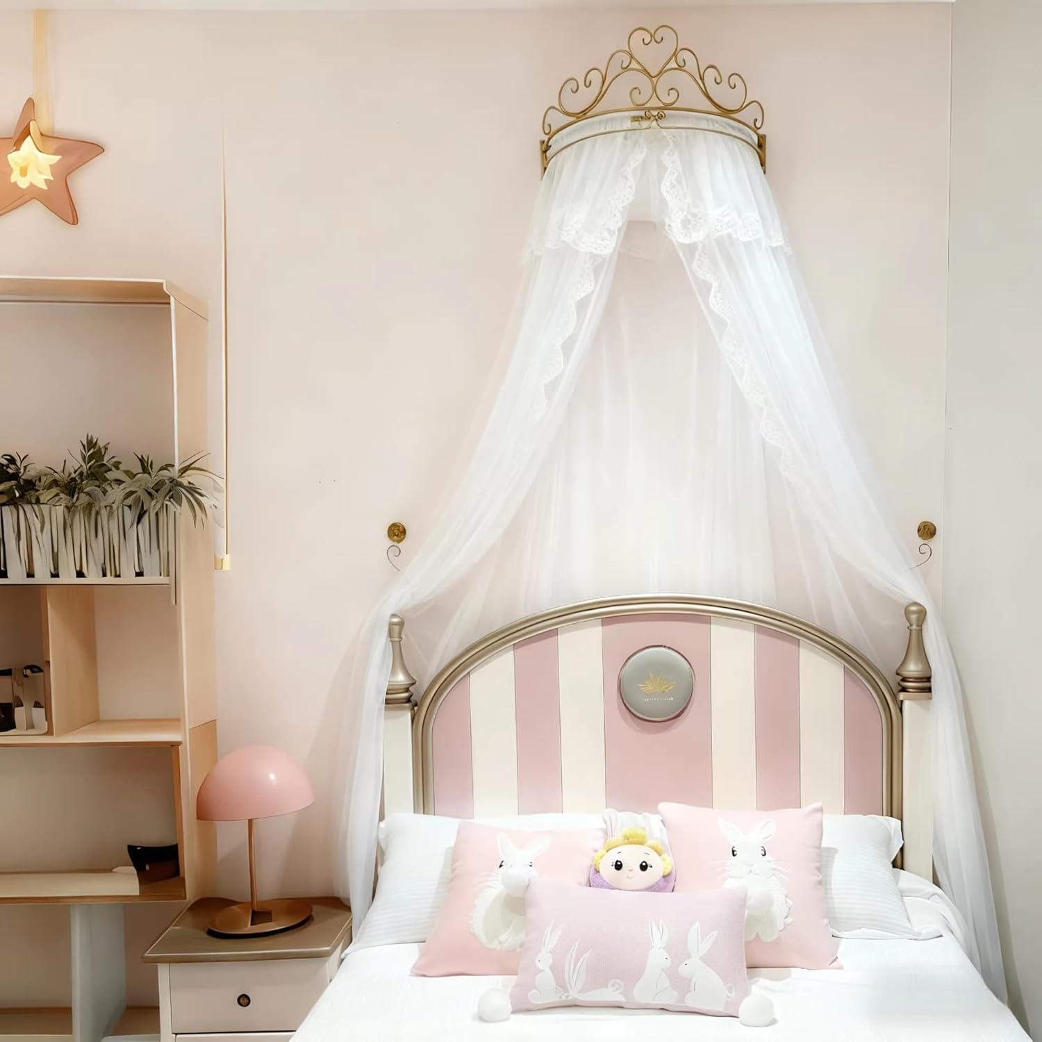 BK&MF Princess Crown Lace Bed Canopy, Double Layer Bed Drape Netting, Cozy Headboard Decor, Wall Mount Drilling Installation, for Girls Bedroom,White,120cm(48") Full