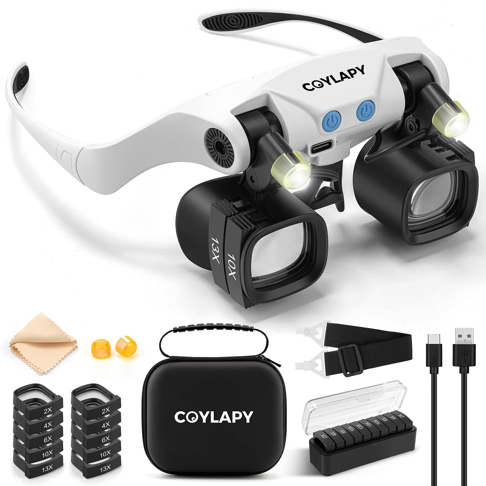 Photo 1 of COYLAPY Magnifying Glasses for Close Work, Jewelers Magnifying Glass with Light & 5 Interchangeable Lens Pairs(2X 4X 6X 10x 13x), Headband Loupe Magnifier for Watch Repair,Crafts, w/Storage Case