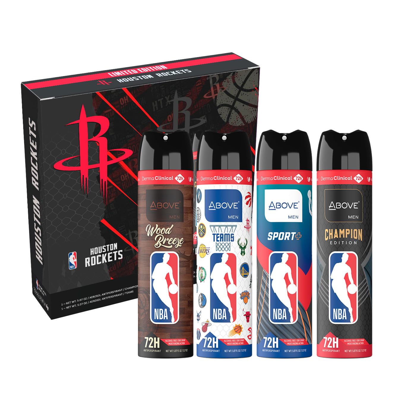 Above NBA – Houston Rockets Deodorant Gift Set – A Giftable Set for Rockets Fans – Antiperspirant Spray, 4 Signature Scents, 72h Protection, Dry Spray, No Stains – 5.07 oz, Pack of 4