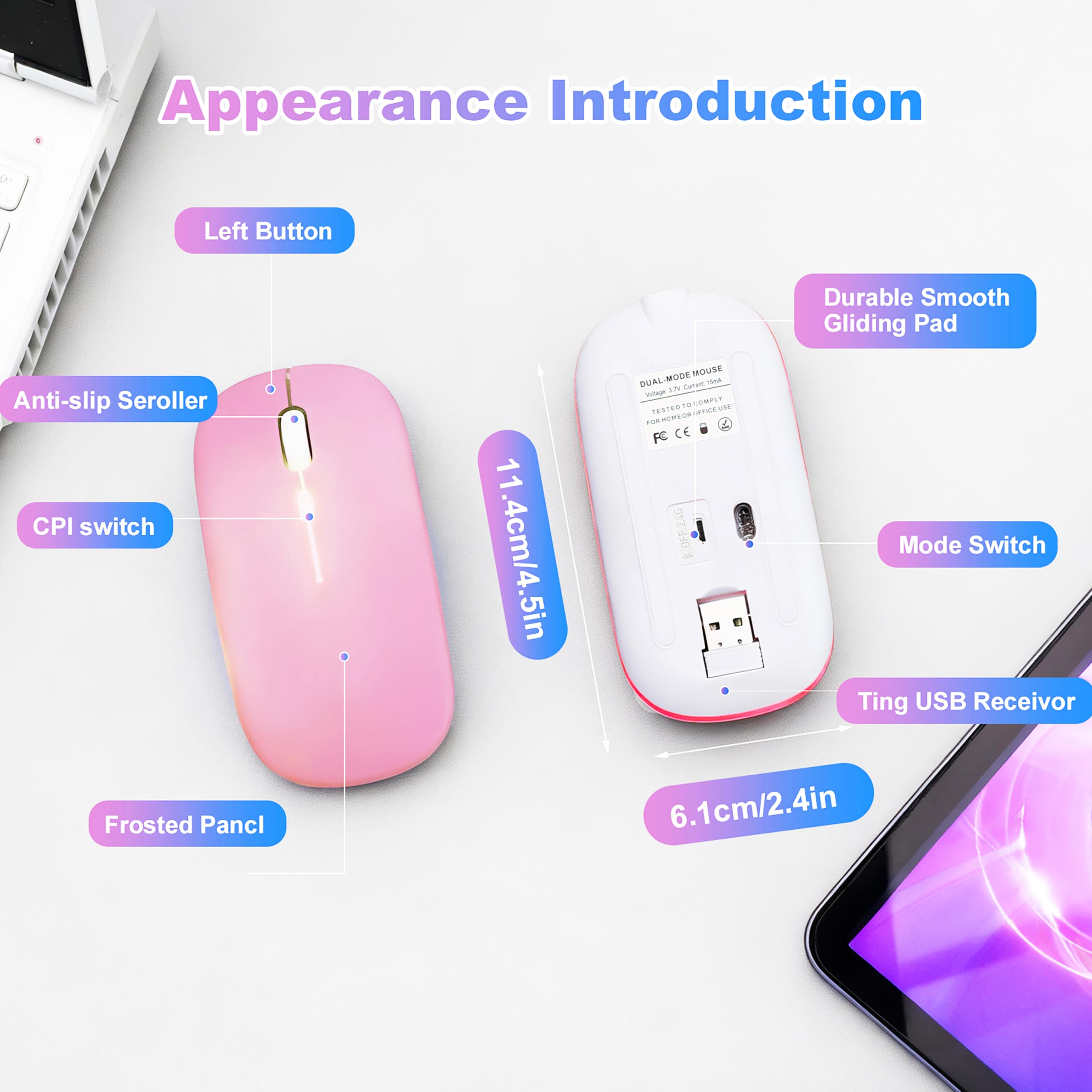 Wireless Bluetooth Mouse Rechargeable Long Lasting Dual Mode - BT 5.2 & 2.4G Silent RGB LED Mice, Slim Portable Ergonomic Mouse for Laptop/PC/Tablet/MacBook/iPad/Apple Devices(Pink) - 5