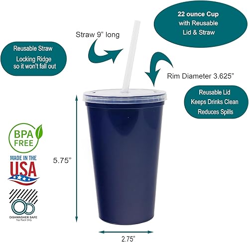 Miniatura 2 de Rolling Sands Vasos de plástico reutilizables de 22 onzas con tapas paquete de 10 vasos fabricados en Estados Unidos incluye 10 popotes