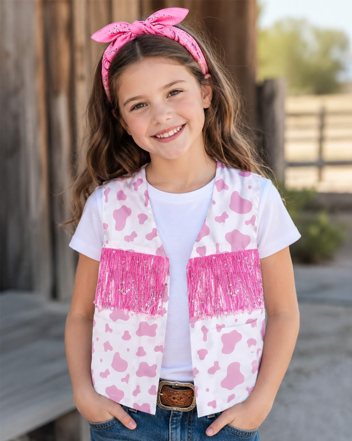 Girls Cow Print Sequin Fringe Vest with Cowboy Bandana Style Age 2-10