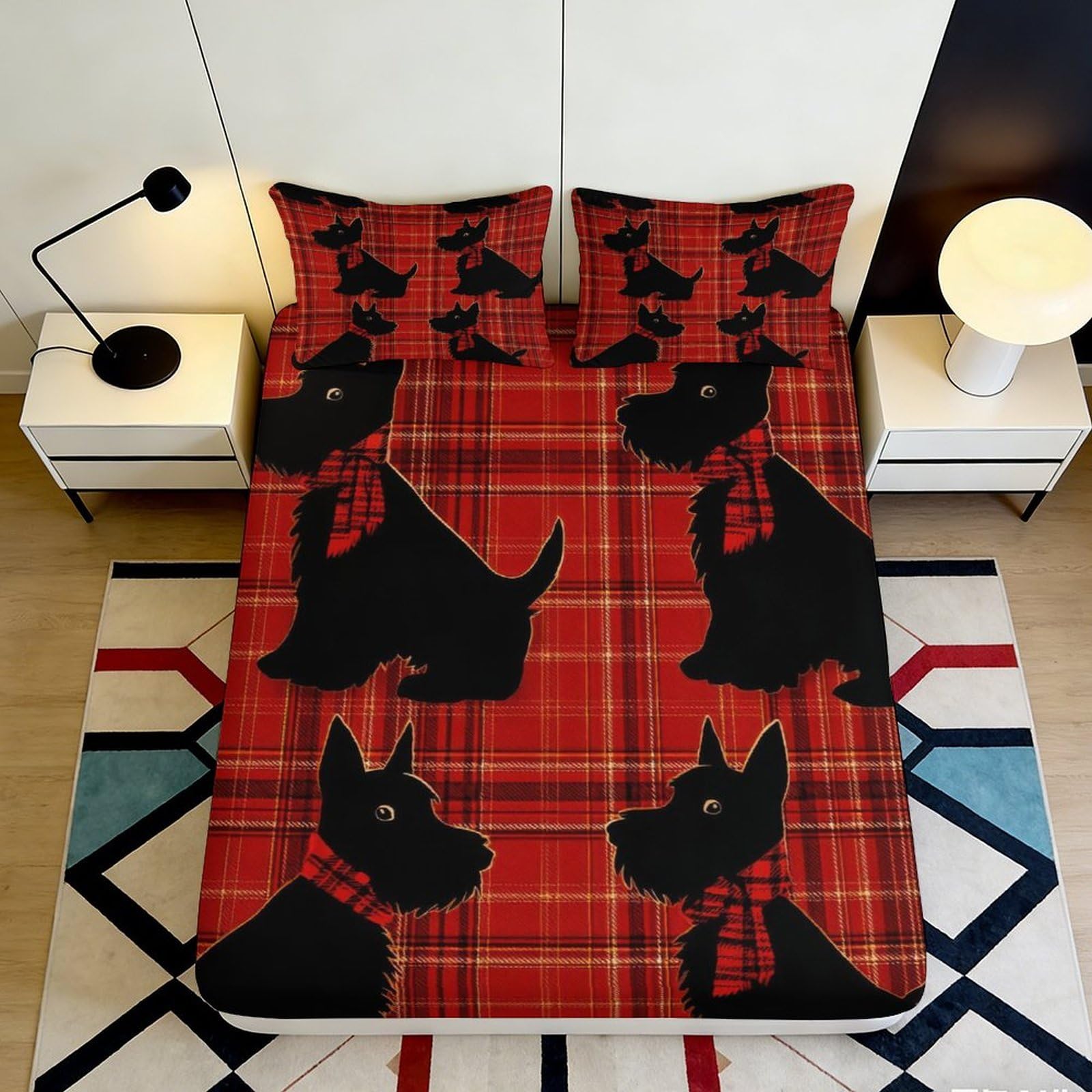 3D Printed Scottish Terrier Plaid Fitted Sheet Microfiber Red Black Bed Sheet for Bedroom Guest Room Easy Care 90x200x25cm