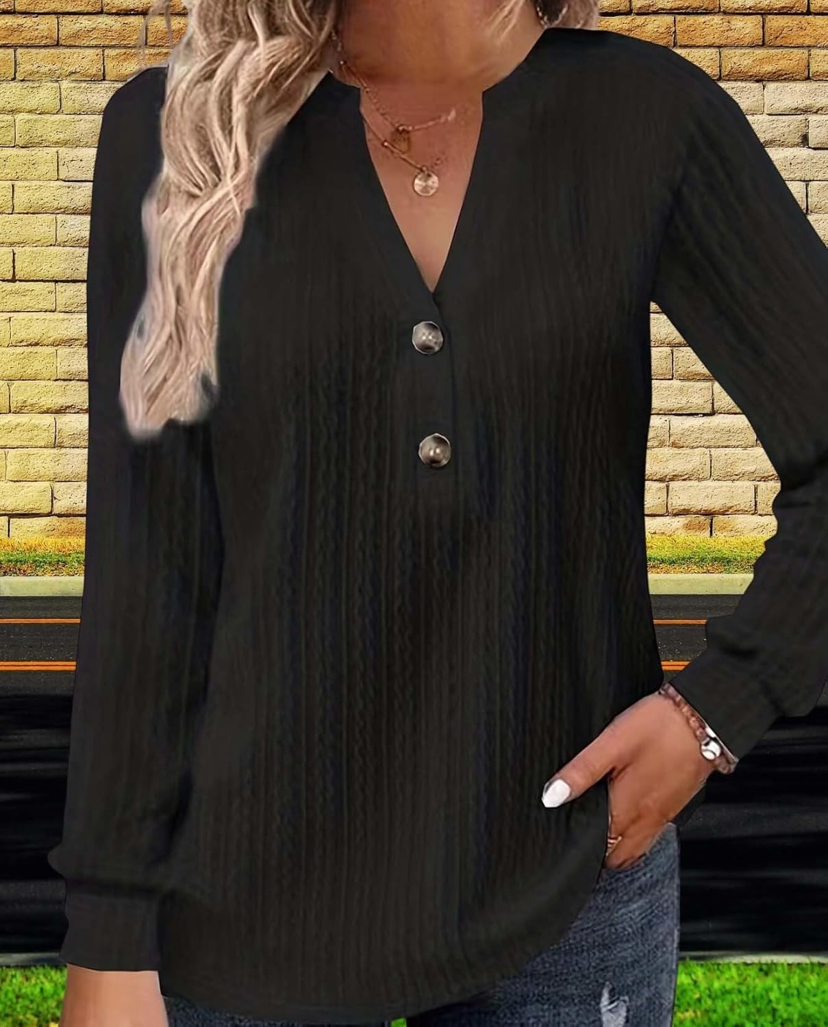 2025 Fashion Must Have Womens Long Sleeve V Neck Henley Shirt Loose Casual Shirt Warm Winter Knitwear - Image 3