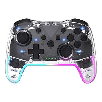 Wireless RGB Gaming Controller Transparent for Nintendo Switch,Lag Free Gamepad 3 Level Turbo,3 Speed Dual Vibration, 6-Axis Gyro Motion,360Rocker,Wake Up,600mAh, 7 Diy Lighting Clear