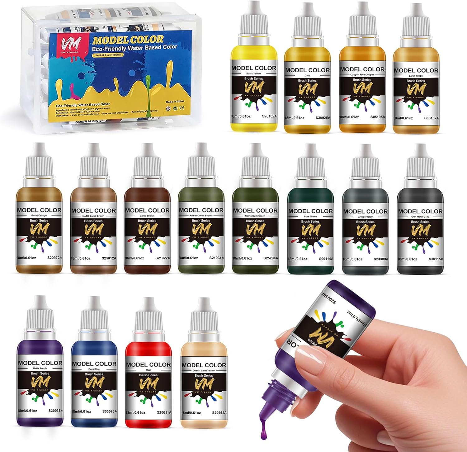 VM FIGURE Acrylic Paint for Miniature Figurines 16 Bottles x 18 ml (0.63 fl.oz.) Eco Friendly Water Based Figure Model Color Set