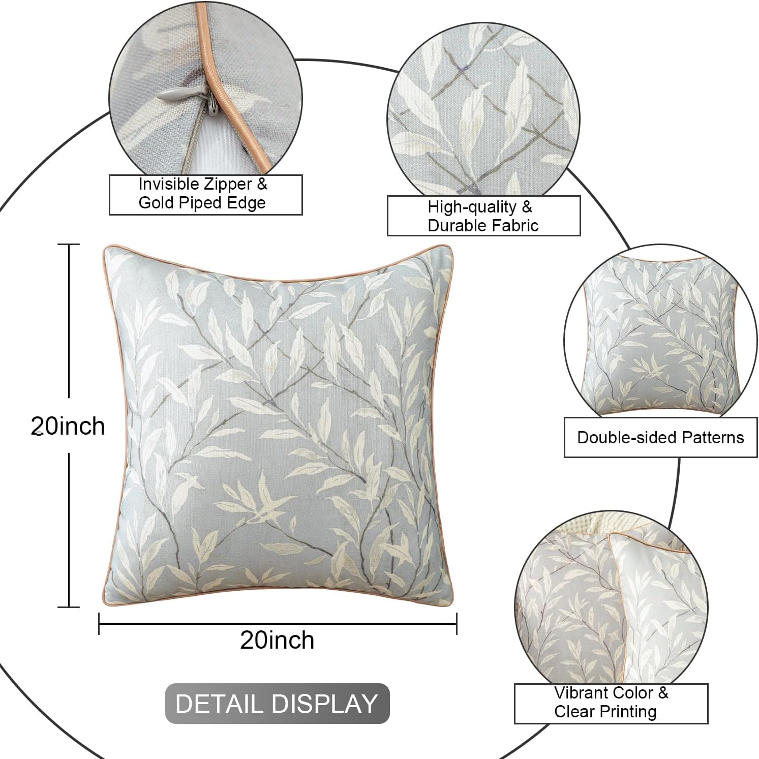 VOGOL Set of 2 20 x 20 Inches Throw Pillow Covers, Modern Country Grey Leaves Farmhouse Sofa Throw Cushion Cover, Home Decorative Throw Pillowcases for Couch Bed Car