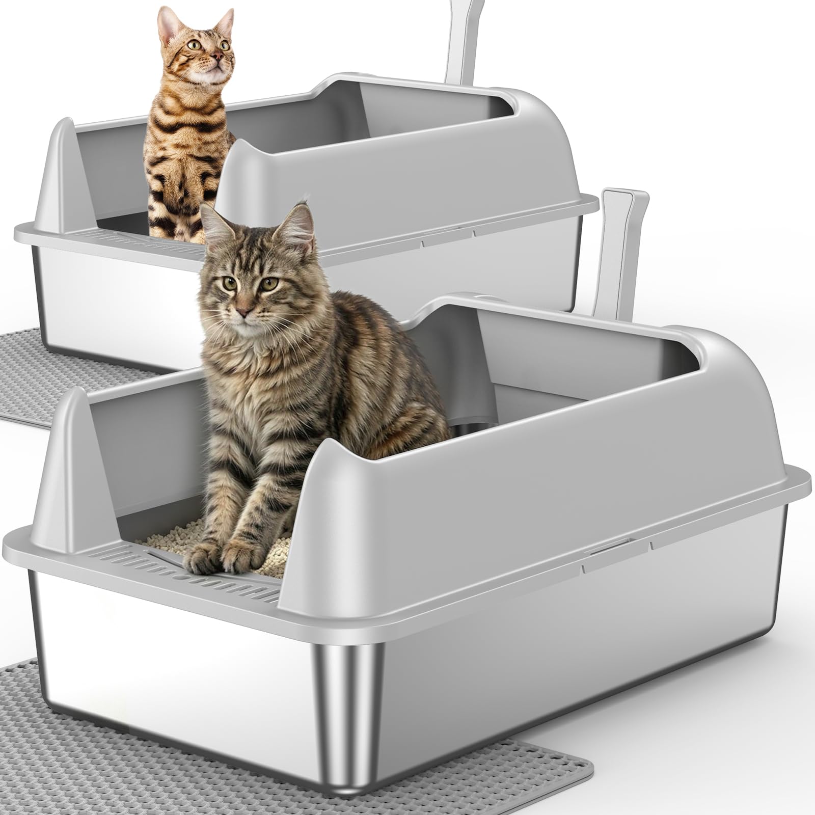 XL High Side Stainless Steel Cat Litter Box, Light Grey, 2 Pack