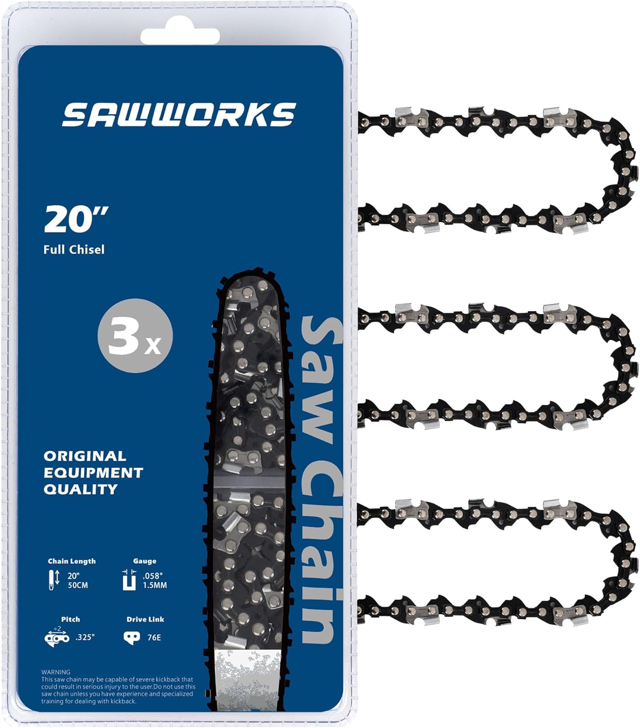 SawWorks 3-Pack 20 Inch Chainsaw Chain, 325" Pitch .058" Gauge 76 Drive Links for Supmix 62cc, WEMARS ‎6220G, NEOTEC NCS6200, Blue Max 53543, 52209, 8901, 8902 and More