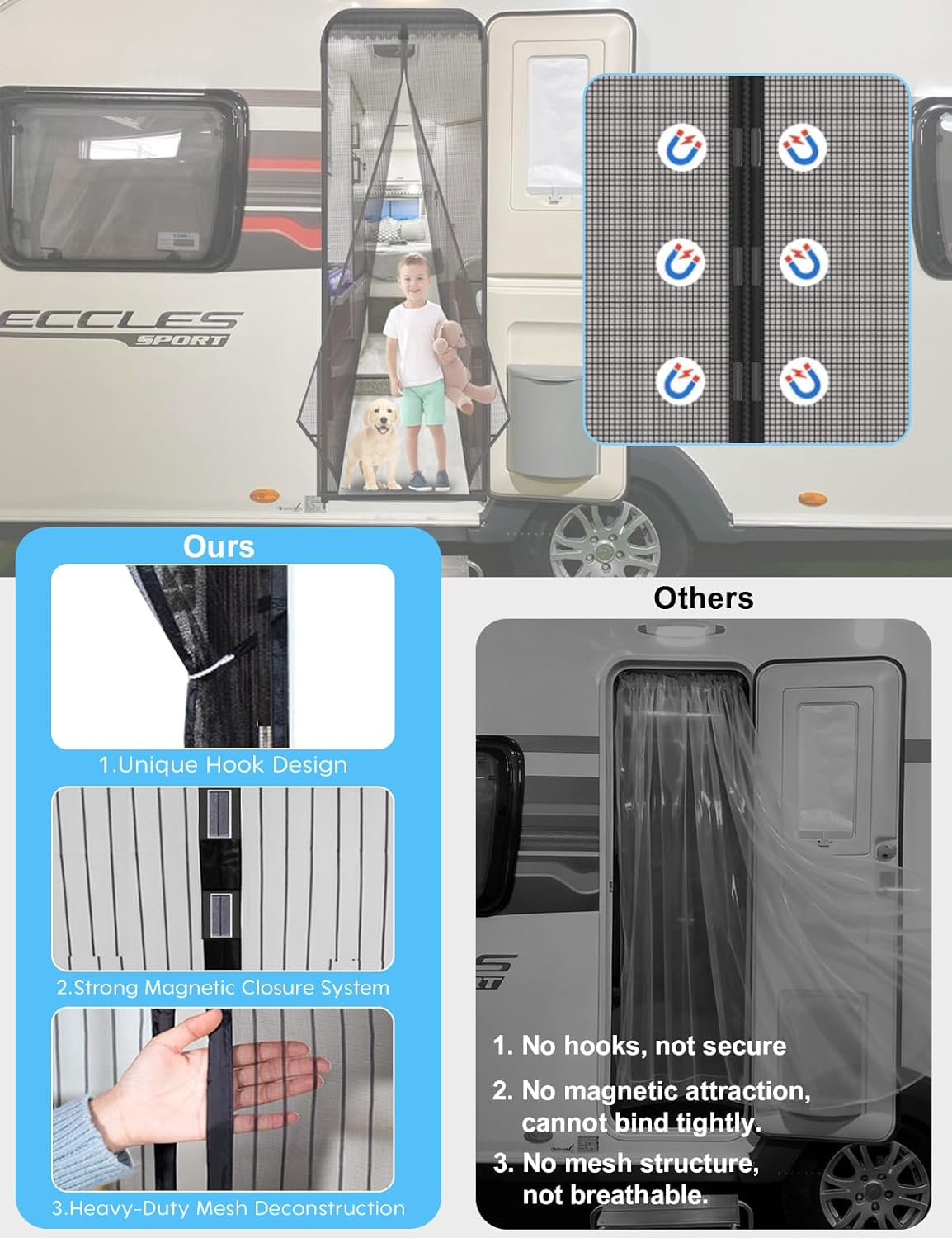 Rv Screen Door Mesh with Hooks,Magnetic RV Door Mosquito Net Screen with Magnet Compatible with Forest River,Grand Design,Keystone,Jayco,Coachmen - Black Bug Screen for Camper Doorway