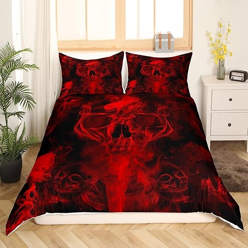 Miniatura 3 de Juego de ropa de cama de calavera gótica de Halloween, funda de edredón de esqueleto rojo y negro, tamaño matrimonial para niños, adolescentes,