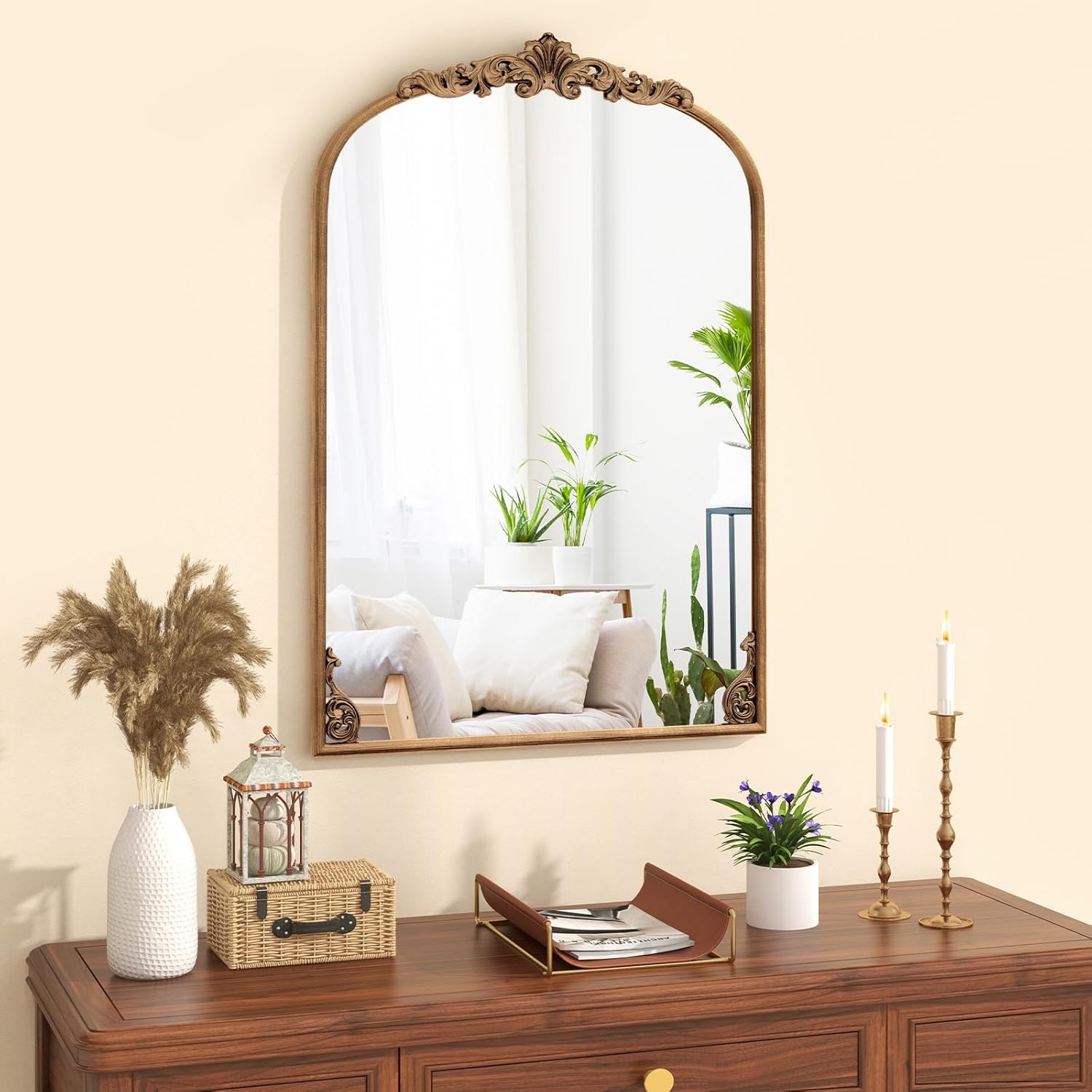 CHARMAID Arched Mirror, 36" x 24" Gold Antique Vintage Ornate Baroque Mirror with Metal Frame, Arch Wall Mirrors for Entryway, Fireplace, Living Room, Decorative Mirrors Wall Mounted