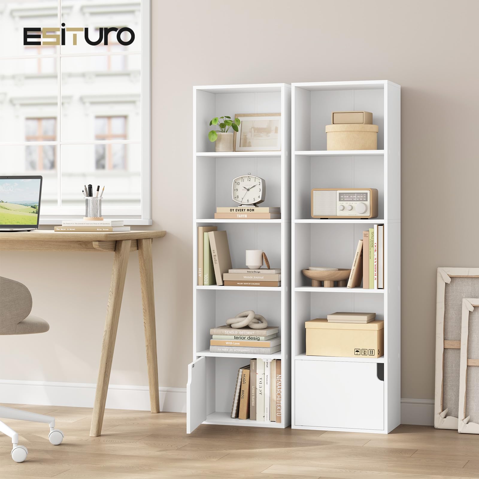 eSituro Bibliothèque Étagère, Meuble Cube, avec 5 Compartiments et 1 Porte, Blanc, pour Salon, Chambre