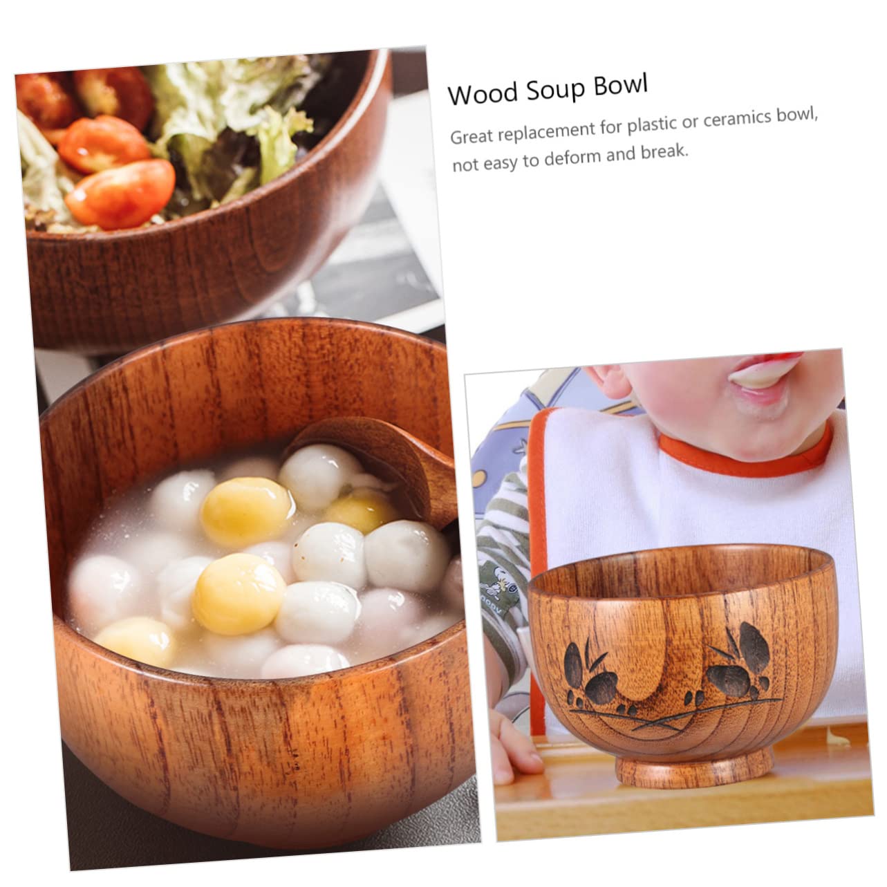 Mikinona 1Pc Wood Soup Bowl Hand Carved Wooden Rice Bowl Safe Food Container for Adults for Serving Soup Noodles Cereal Snacks Decorative and Space Saving Design