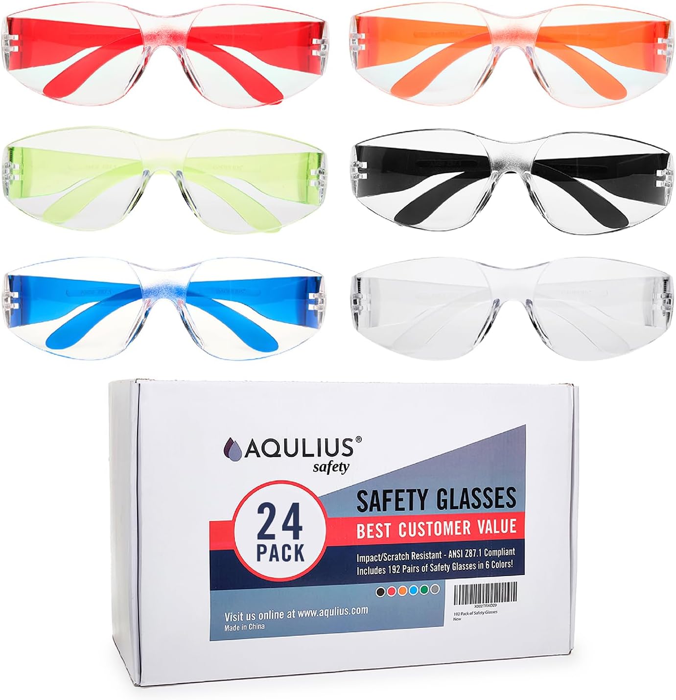 Aqulius 24 Bulk Safety Glasses for Men & Women - ANSI Z78.1 Certified - Scratch/Impact Resistant Crystal Clear Eye Protection Glasses for Construction, Shooting & More - Safety Goggles (6 Colors)