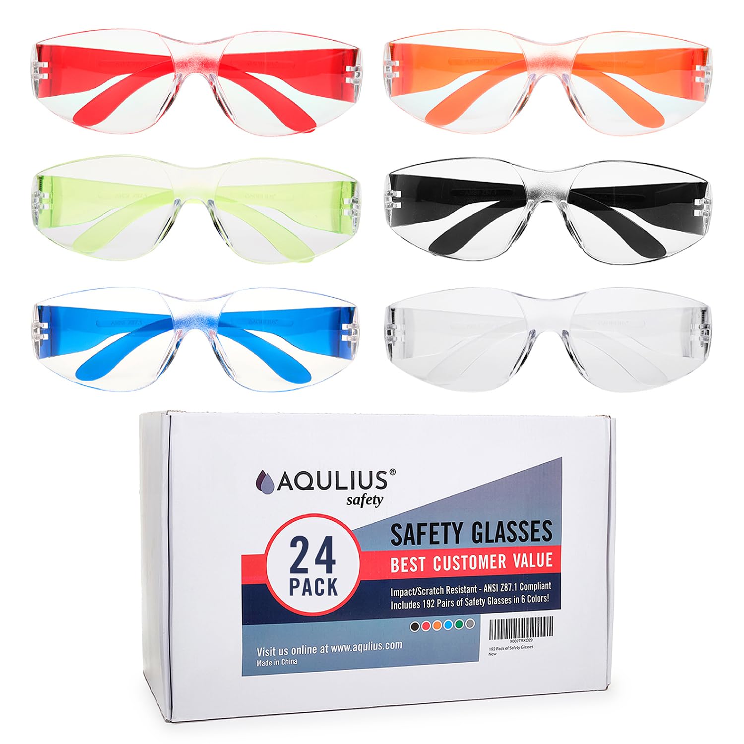 Aqulius 24 Bulk Safety Glasses for Men & Women - ANSI Z78.1 Certified - Scratch/Impact Resistant Crystal Clear Eye Protection Glasses for Construction, Shooting & More - Safety Goggles (6 Colors)
